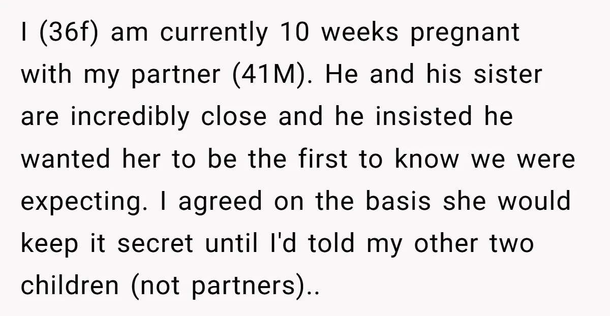 I (36f) am currently 10 weeks pregnant with my partner (41M). He and his sister are incredibly close and he insisted he wanted her to be the first to know...