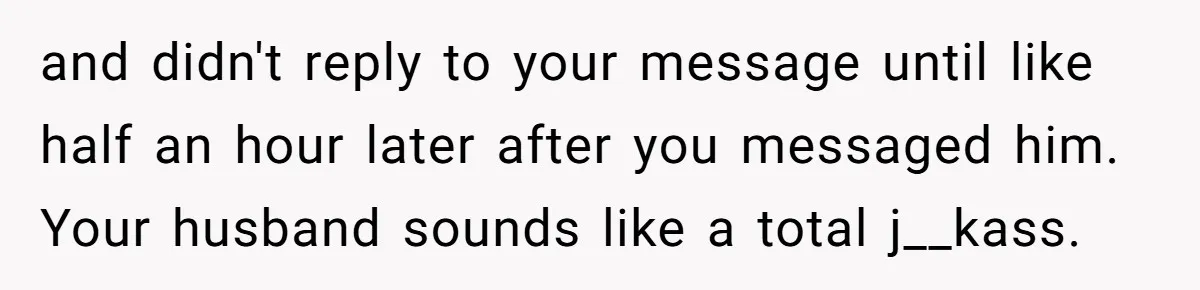 and didn't reply to your message until like half an hour later after you messaged him. Your husband sounds like a total j__kass.