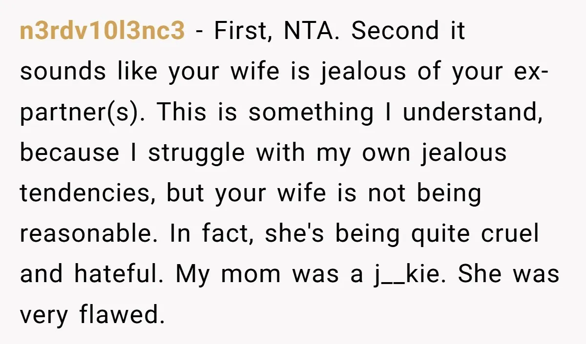 n3rdv10l3nc3 − First, NTA. Second it sounds like your wife is jealous of your ex-partner(s). This is something I understand, because I struggle with my own jealous tendencies, but your...
