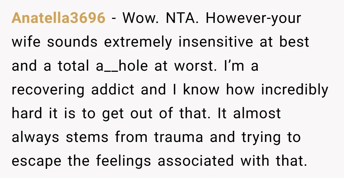 Anatella3696 − Wow. NTA. However-your wife sounds extremely insensitive at best and a total a__hole at worst. I’m a recovering addict and I know how incredibly hard it is to...