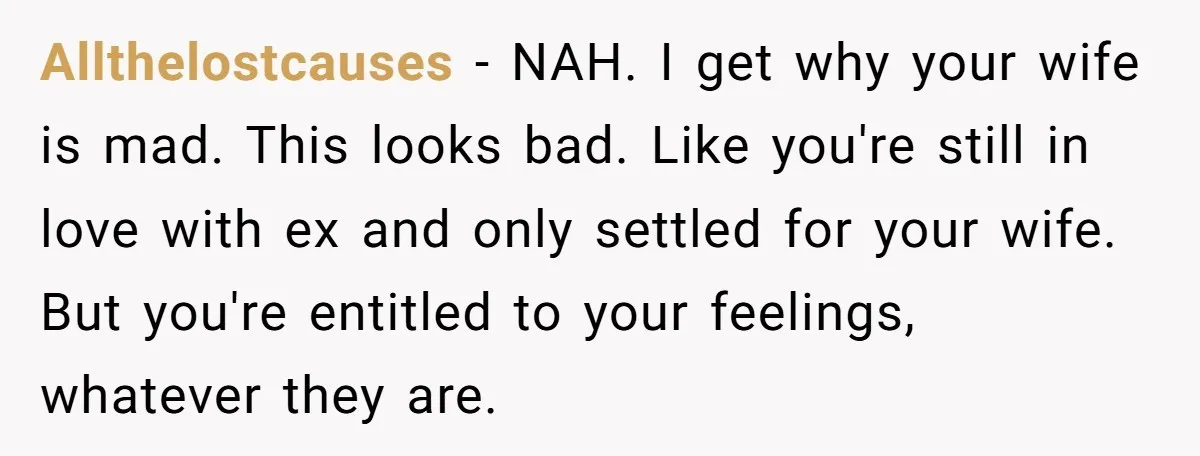 Allthelostcauses − NAH. I get why your wife is mad. This looks bad. Like you're still in love with ex and only settled for your wife. But you're entitled to...