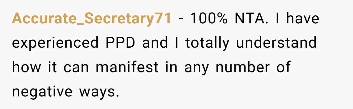 Accurate_Secretary71 − 100% NTA. I have experienced PPD and I totally understand how it can manifest in any number of negative ways.