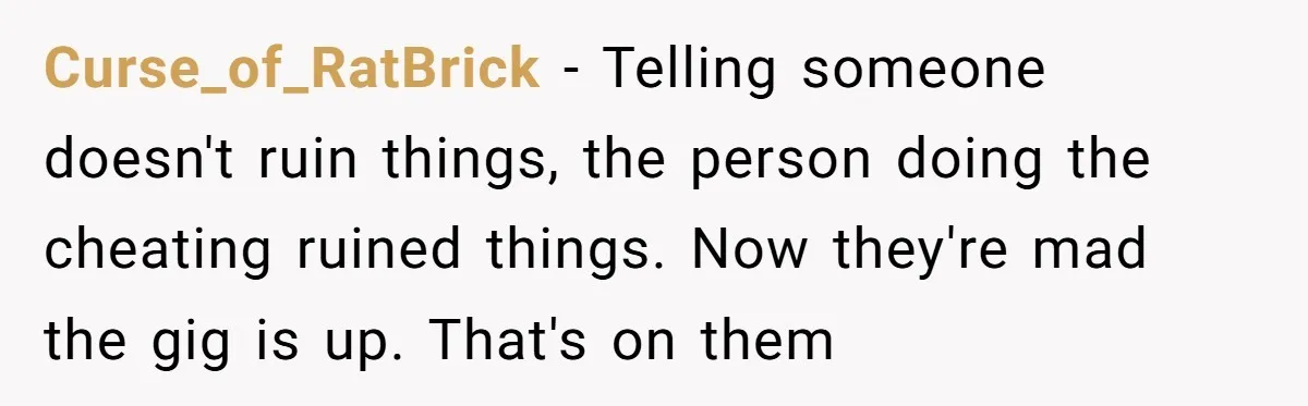 Curse_of_RatBrick - Telling someone doesn't ruin things, the person doing the cheating ruined things. Now they're mad the gig is up. That's on them