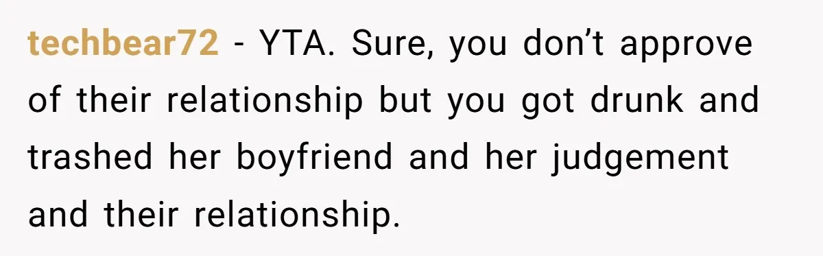 techbear72 − YTA. Sure, you don’t approve of their relationship but you got drunk and trashed her boyfriend and her judgement and their relationship.