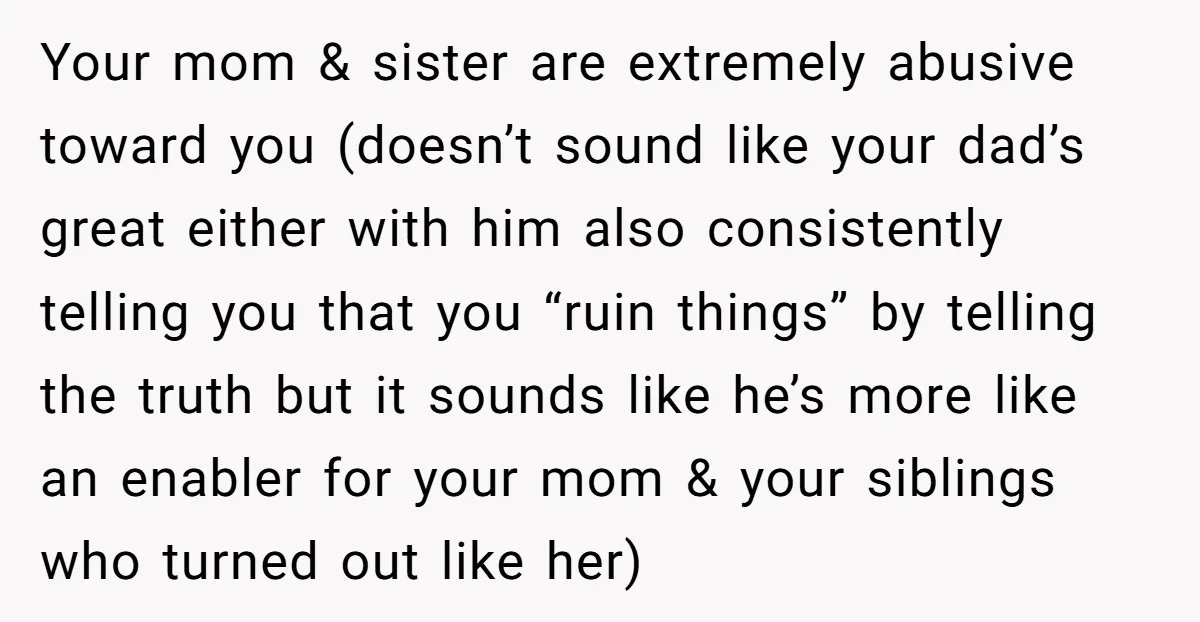 Your mom & sister are extremely abusive toward you (doesn’t sound like your dad’s great either with him also consistently telling you that you “ruin things” by telling the truth...