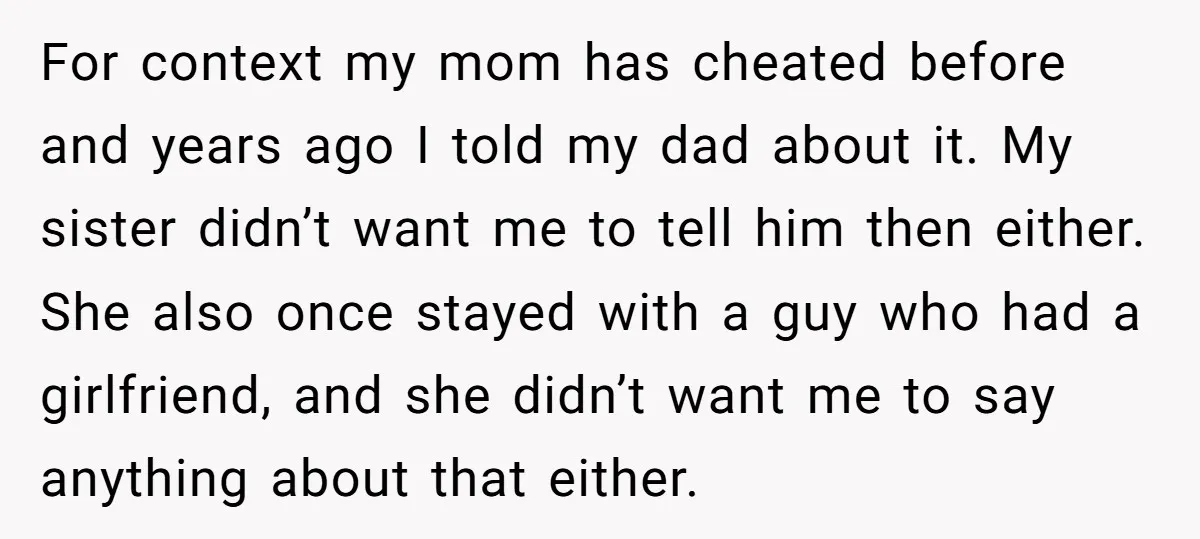 For context my mom has cheated before and years ago I told my dad about it. My sister didn’t want me to tell him then either. She also once stayed...