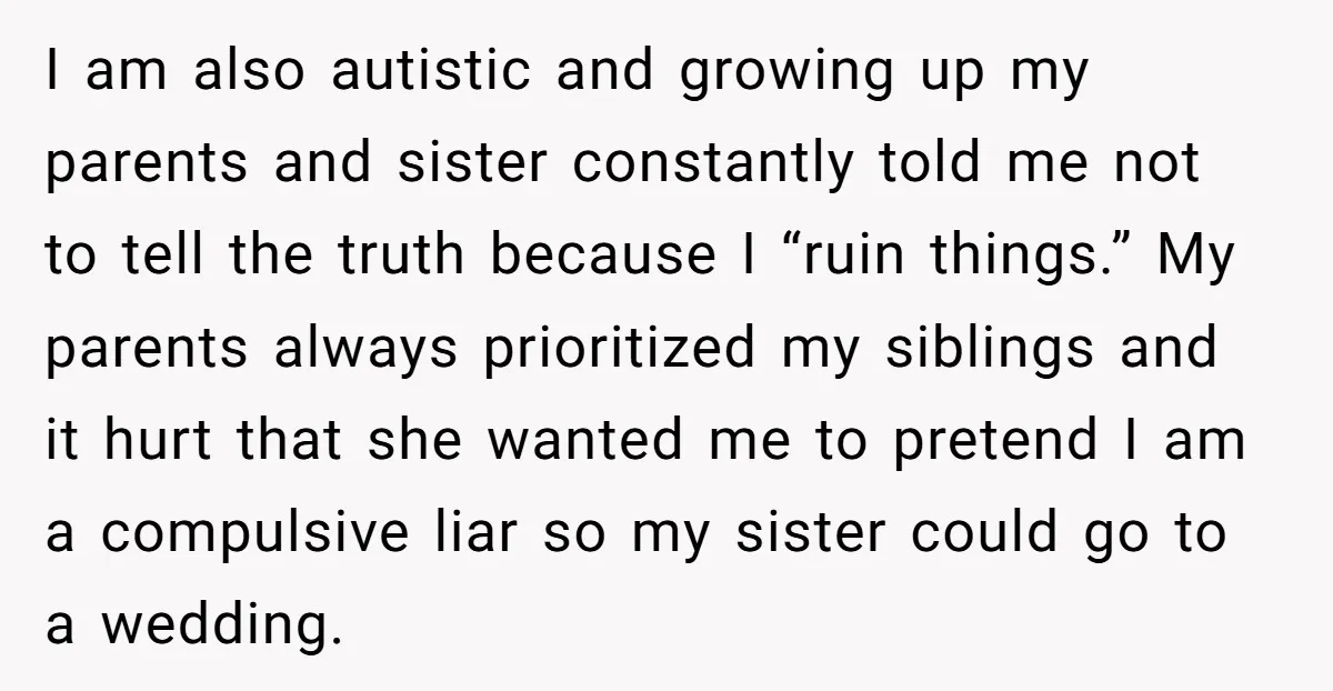 I am also autistic and growing up my parents and sister constantly told me not to tell the truth because I “ruin things.” My parents always prioritized my siblings and...