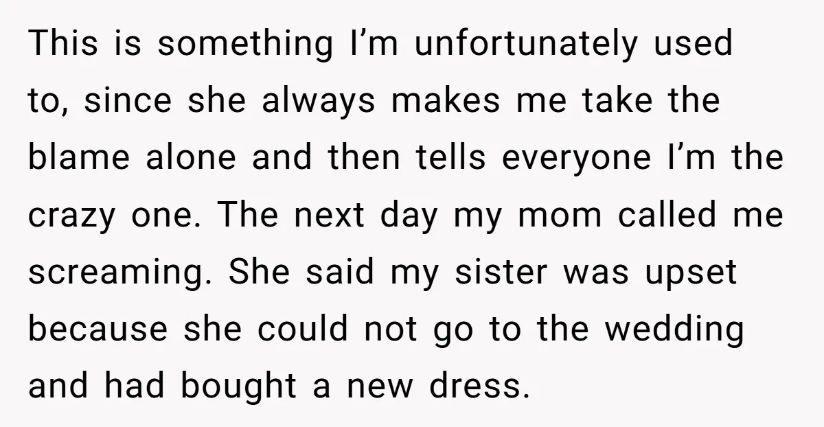 This is something I’m unfortunately used to, since she always makes me take the blame alone and then tells everyone I’m the crazy one. The next day my mom called...