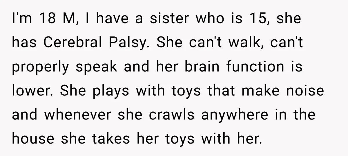 I'm 18 M, I have a sister who is 15, she has Cerebral Palsy. She can't walk, can't properly speak and her brain function is lower. She plays with toys...