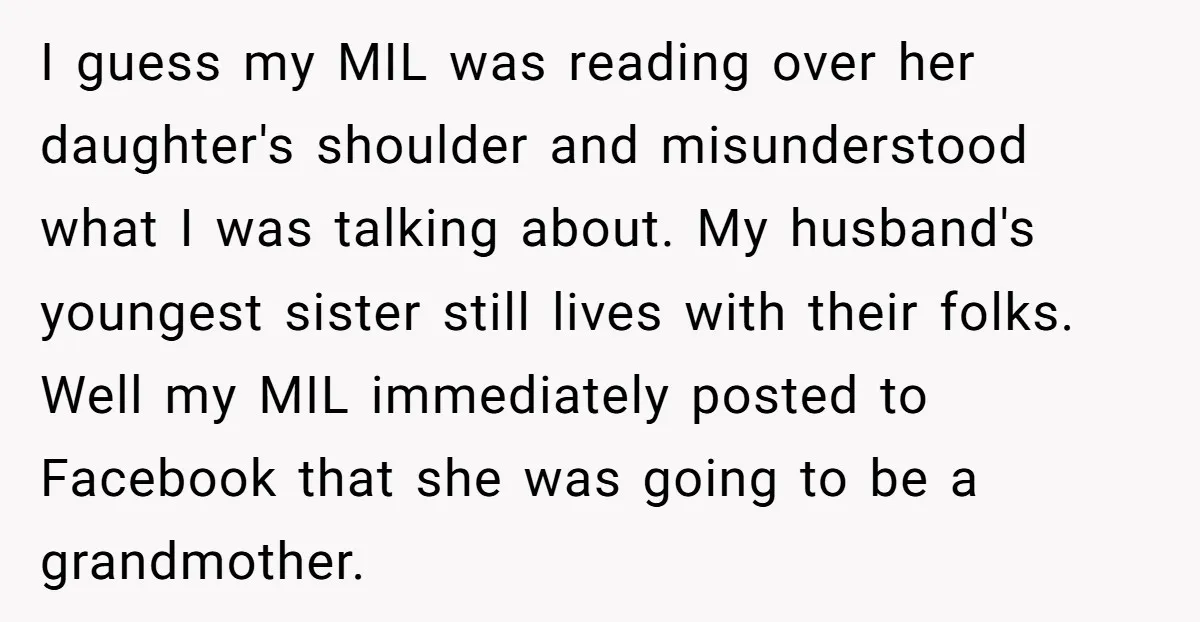 I guess my MIL was reading over her daughter's shoulder and misunderstood what I was talking about. My husband's youngest sister still lives with their folks. Well my MIL immediately...