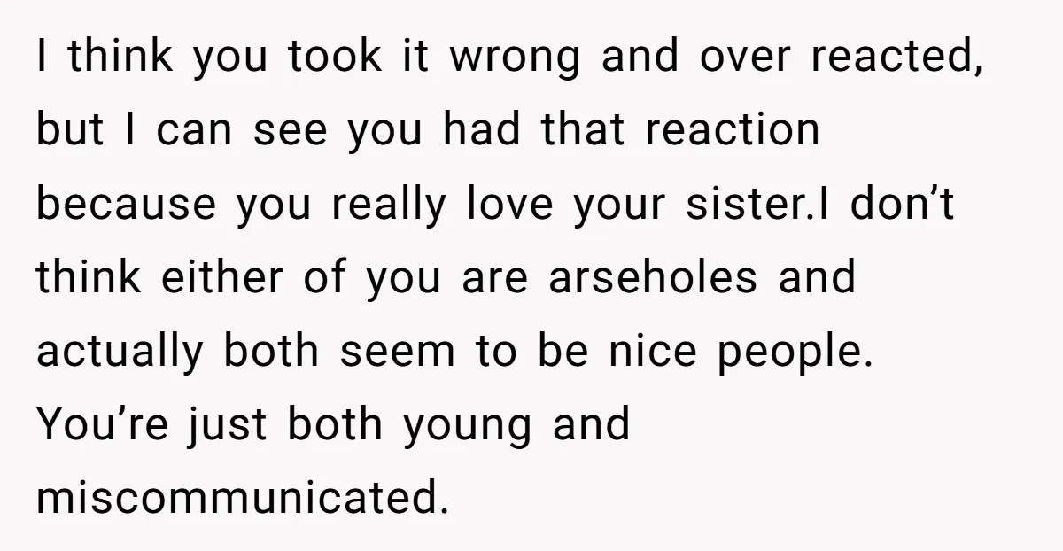 I think you took it wrong and over reacted, but I can see you had that reaction because you really love your sister.I don’t think either of you are arseholes...