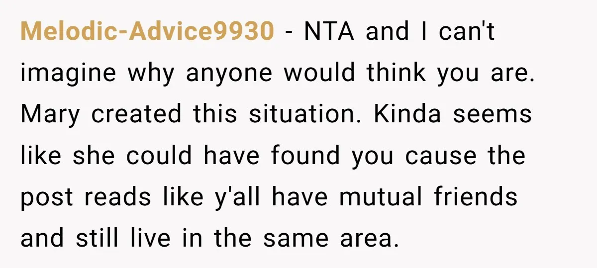 Melodic-Advice9930 − NTA and I can't imagine why anyone would think you are. Mary created this situation. Kinda seems like she could have found you cause the post reads like...
