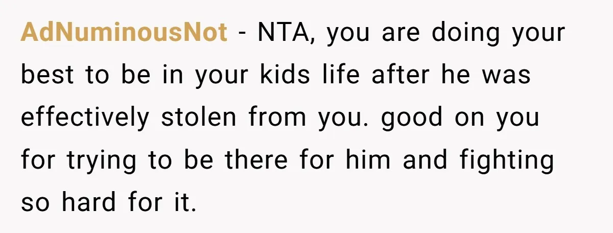AdNuminousNot − NTA, you are doing your best to be in your kids life after he was effectively stolen from you. good on you for trying to be there for...
