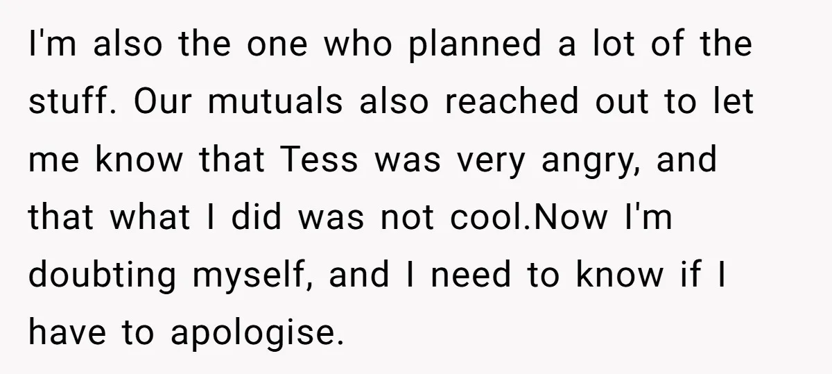 I'm also the one who planned a lot of the stuff. Our mutuals also reached out to let me know that Tess was very angry, and that what I did...