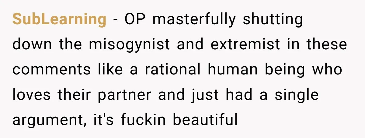 SubLearning − OP masterfully shutting down the misogynist and extremist in these comments like a rational human being who loves their partner and just had a single argument, it's fuckin...