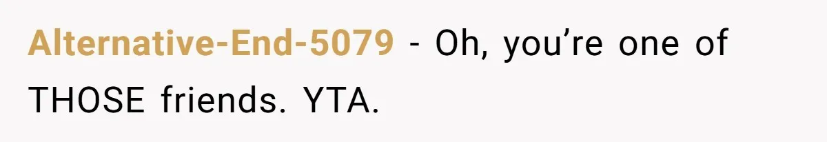 Alternative-End-5079 − Oh, you’re one of THOSE friends. YTA.