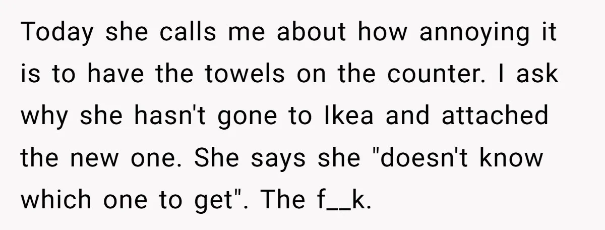 Today she calls me about how annoying it is to have the towels on the counter. I ask why she hasn't gone to Ikea and attached the new one. She...