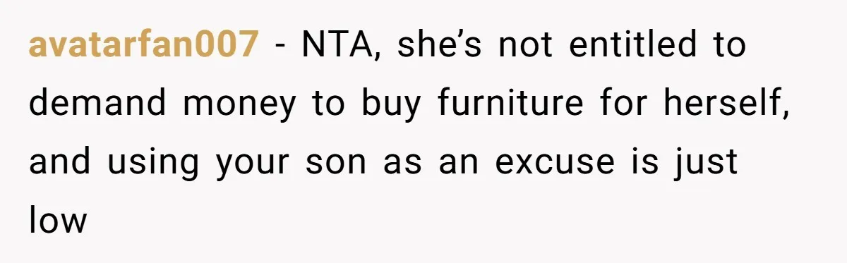 avatarfan007 − NTA, she’s not entitled to demand money to buy furniture for herself, and using your son as an excuse is just low