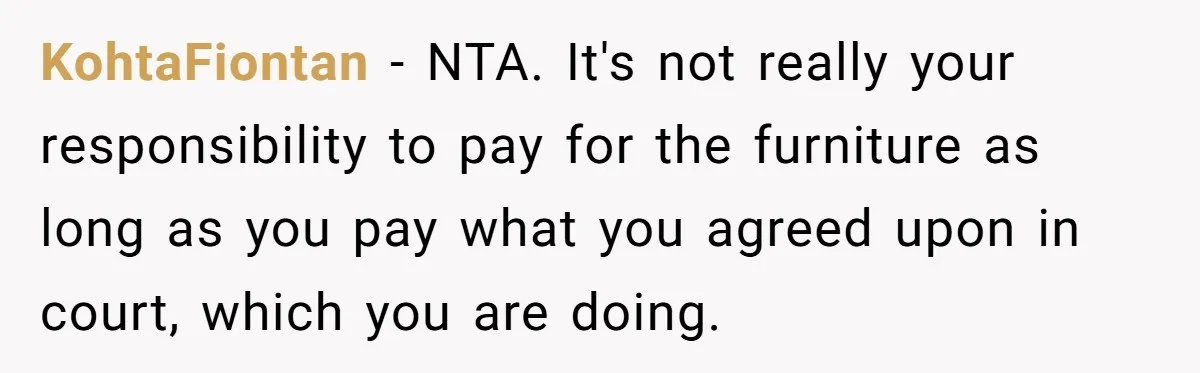 KohtaFiontan − NTA. It's not really your responsibility to pay for the furniture as long as you pay what you agreed upon in court, which you are doing.