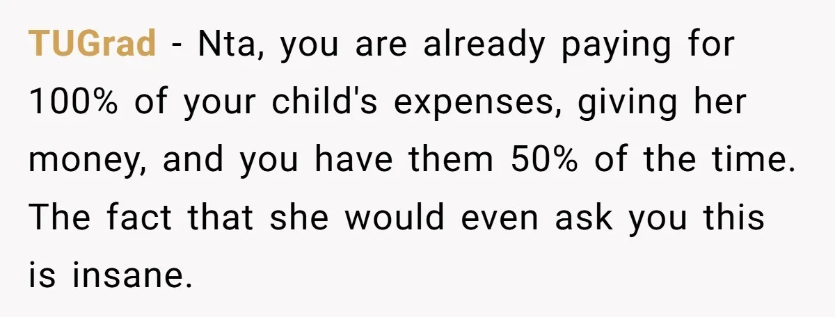 TUGrad − Nta, you are already paying for 100% of your child's expenses, giving her money, and you have them 50% of the time. The fact that she would even...