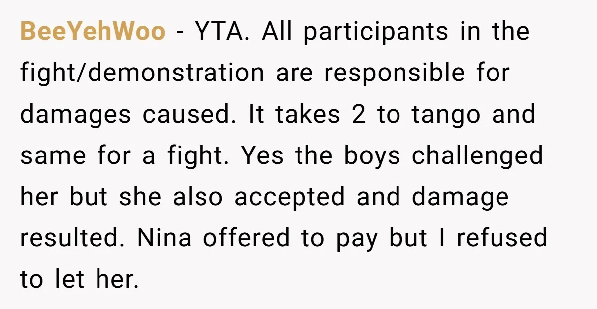 BeeYehWoo − YTA. All participants in the fight/demonstration are responsible for damages caused. It takes 2 to tango and same for a fight. Yes the boys challenged her but she...
