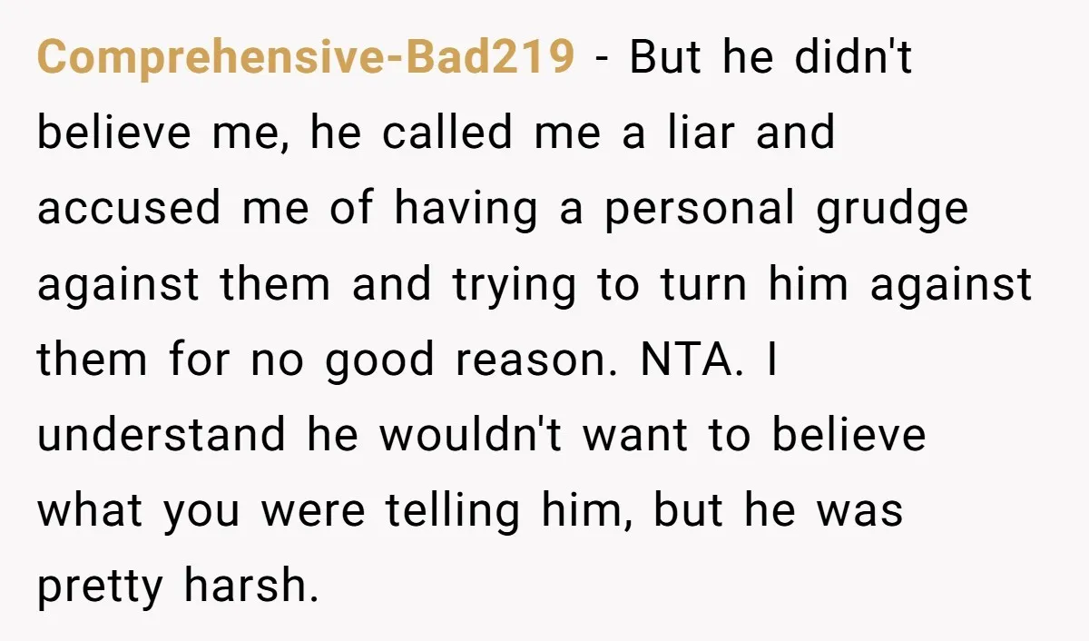 Comprehensive-Bad219 - But he didn't believe me, he called me a liar and accused me of having a personal grudge against them and trying to turn him against them for...