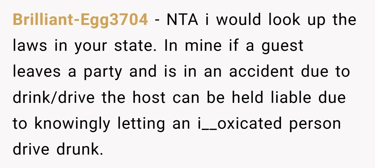Brilliant-Egg3704 − NTA i would look up the laws in your state. In mine if a guest leaves a party and is in an accident due to drink/drive the host...
