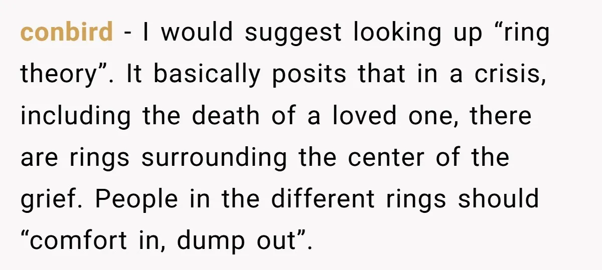 conbird − I would suggest looking up “ring theory”. It basically posits that in a crisis, including the death of a loved one, there are rings surrounding the center of...