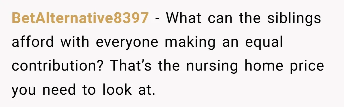 BetAlternative8397 − What can the siblings afford with everyone making an equal contribution? That’s the nursing home price you need to look at.