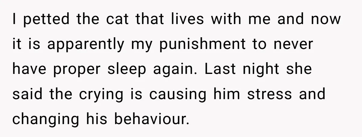 I petted the cat that lives with me and now it is apparently my punishment to never have proper sleep again. Last night she said the crying is causing him...