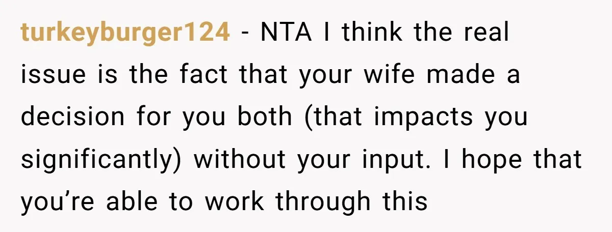 turkeyburger124 − NTA I think the real issue is the fact that your wife made a decision for you both (that impacts you significantly) without your input. I hope that...