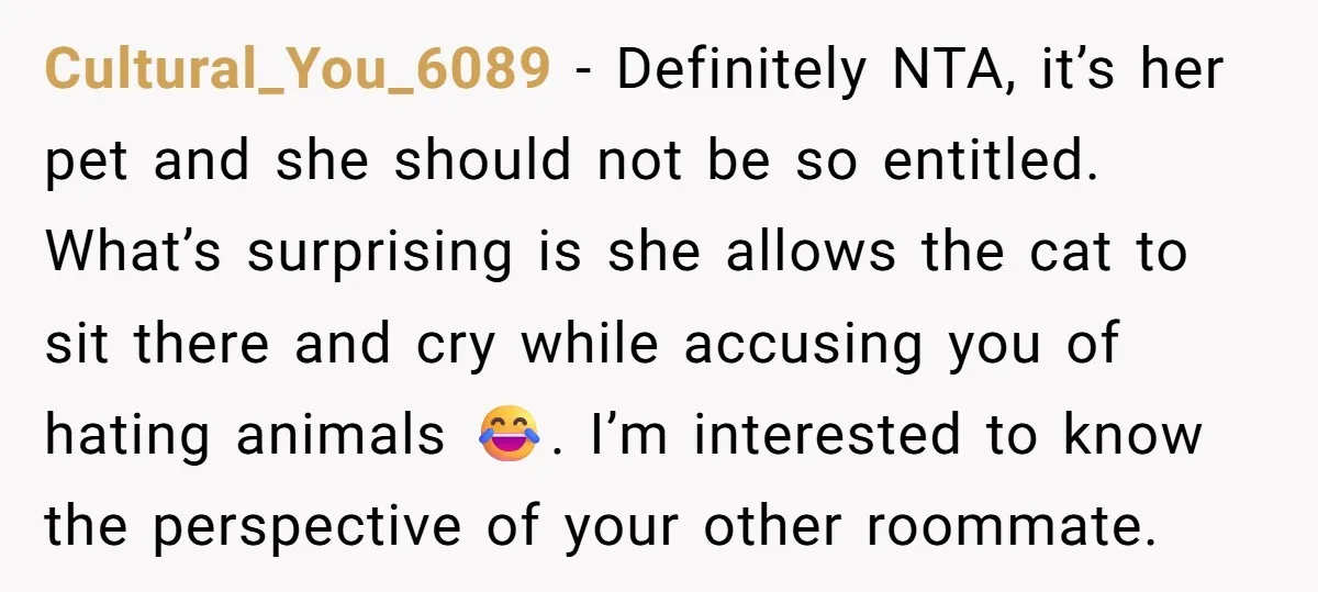 Cultural_You_6089 − Definitely NTA, it’s her pet and she should not be so entitled. What’s surprising is she allows the cat to sit there and cry while accusing you of...