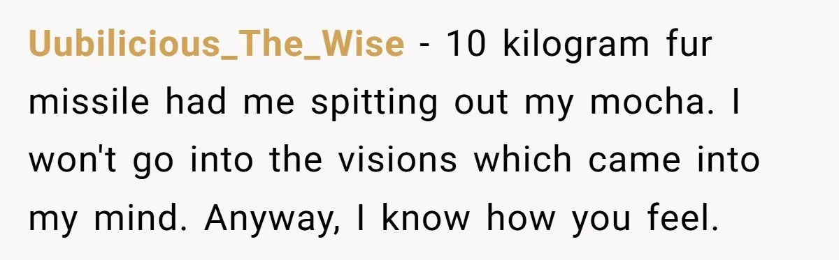 Uubilicious_The_Wise − 10 kilogram fur missile had me spitting out my mocha. I won't go into the visions which came into my mind. Anyway, I know how you feel.