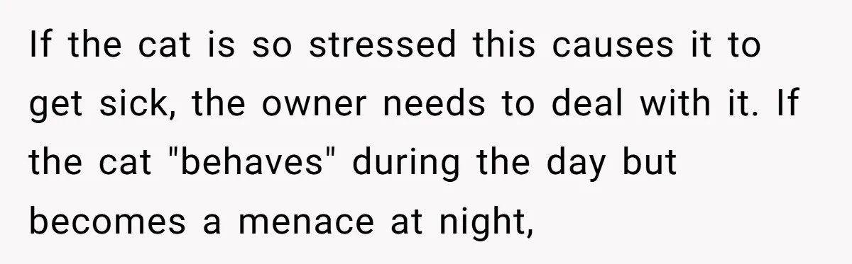 If the cat is so stressed this causes it to get sick, the owner needs to deal with it. If the cat "behaves" during the day but becomes a menace...