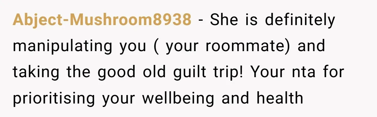Abject-Mushroom8938 − She is definitely manipulating you ( your roommate) and taking the good old guilt trip! Your nta for prioritising your wellbeing and health