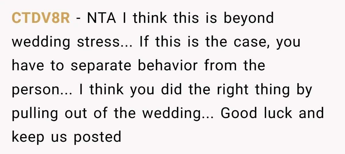 CTDV8R - NTA I think this is beyond wedding stress... If this is the case, you have to separate behavior from the person... I think you did the right thing...