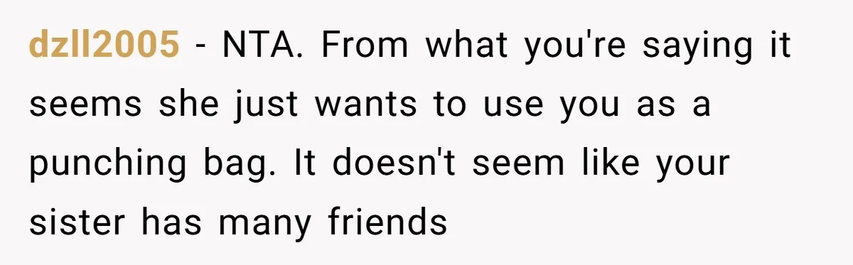 dzll2005 - NTA. From what you're saying it seems she just wants to use you as a punching bag. It doesn't seem like your sister has many friends