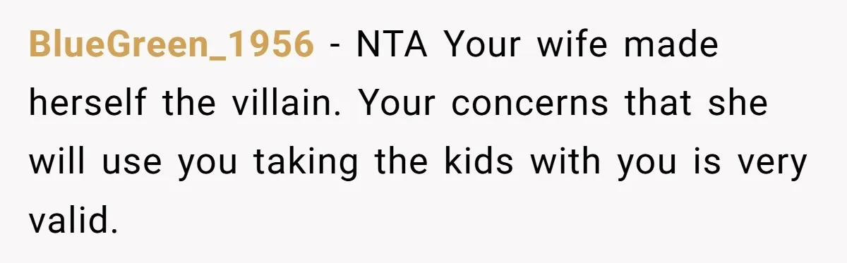 BlueGreen_1956 − NTA Your wife made herself the villain. Your concerns that she will use you taking the kids with you is very valid.