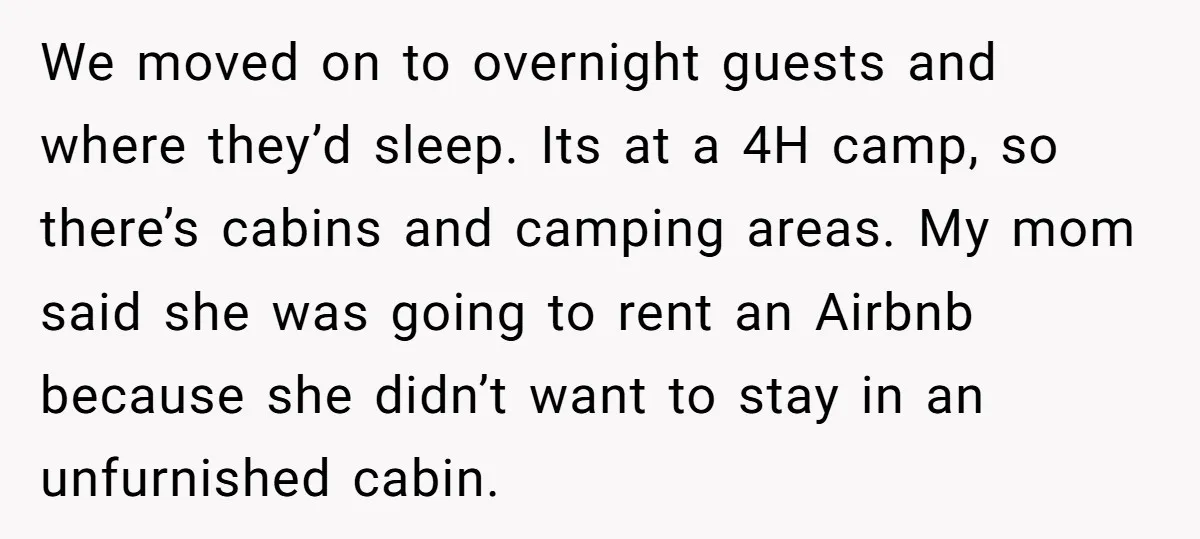 We moved on to overnight guests and where they’d sleep. Its at a 4H camp, so there’s cabins and camping areas. My mom said she was going to rent an...