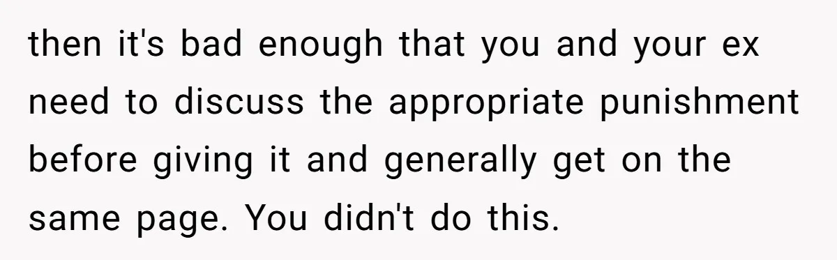 then it's bad enough that you and your ex need to discuss the appropriate punishment before giving it and generally get on the same page. You didn't do this.