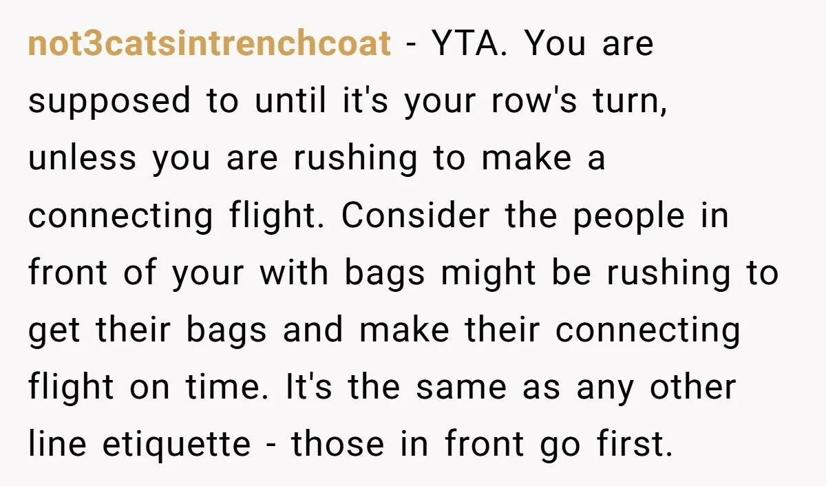not3catsintrenchcoat - YTA. You are supposed to until it's your row's turn, unless you are rushing to make a connecting flight. Consider the people in front of your with bags...