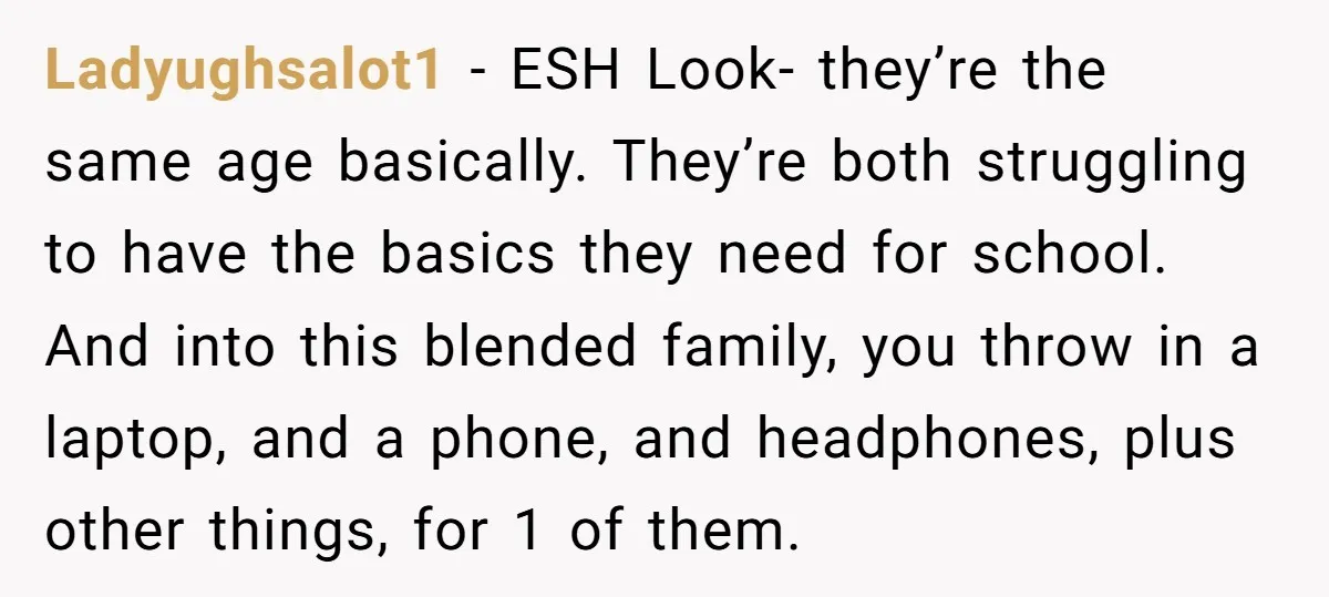 Ladyughsalot1 - ESH Look- they’re the same age basically. They’re both struggling to have the basics they need for school. And into this blended family, you throw in a laptop,...