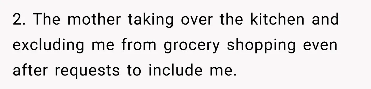 2. The mother taking over the kitchen and excluding me from grocery shopping even after requests to include me.