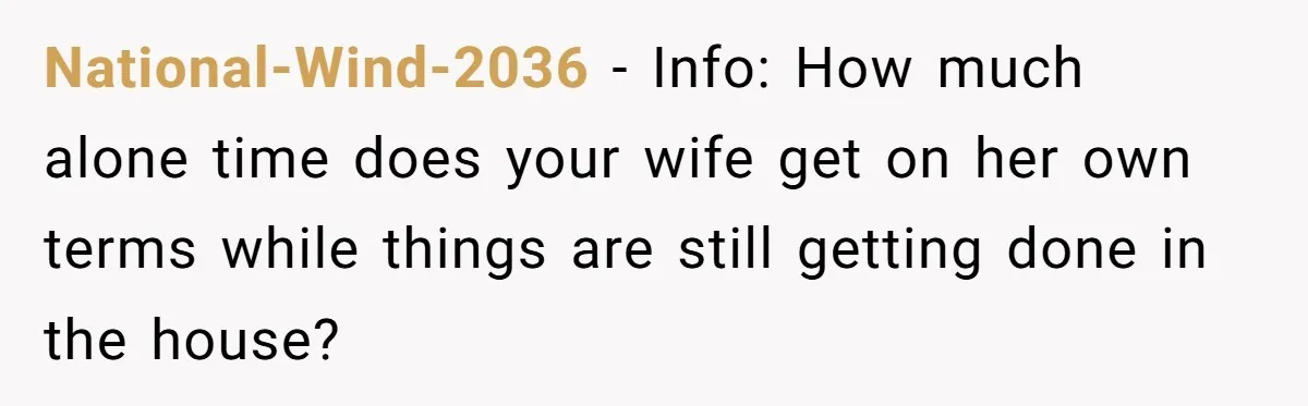 National-Wind-2036 − Info: How much alone time does your wife get on her own terms while things are still getting done in the house?