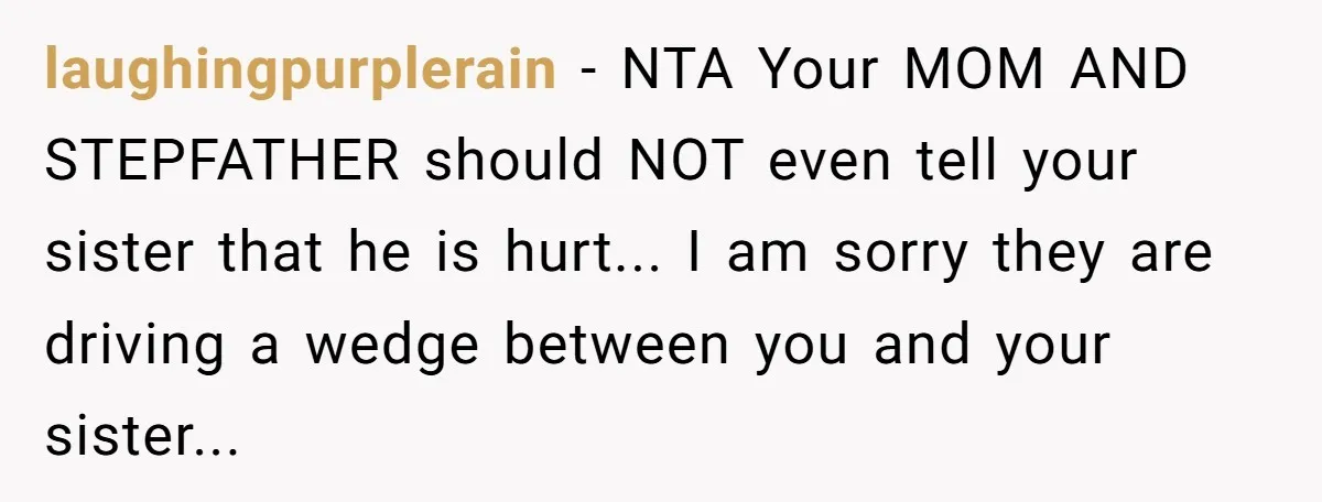 laughingpurplerain - NTA Your MOM AND STEPFATHER should NOT even tell your sister that he is hurt... I am sorry they are driving a wedge between you and your sister...