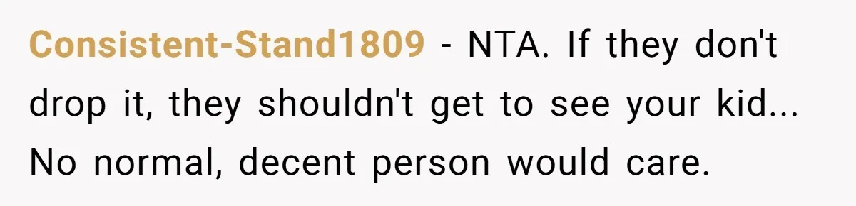 Consistent-Stand1809 - NTA. If they don't drop it, they shouldn't get to see your kid... No normal, decent person would care.