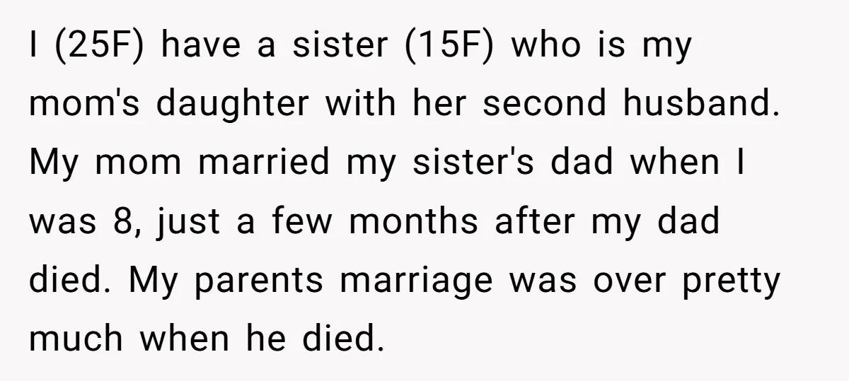 I (25F) have a sister (15F) who is my mom's daughter with her second husband. My mom married my sister's dad when I was 8, just a few months after...