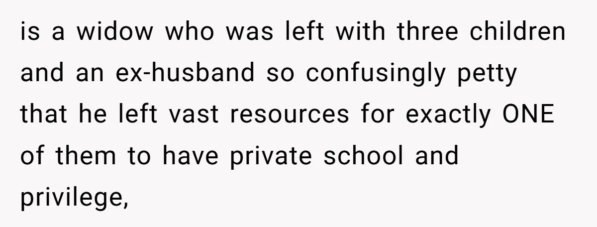 is a widow who was left with three children and an ex-husband so confusingly petty that he left vast resources for exactly ONE of them to have private school and...