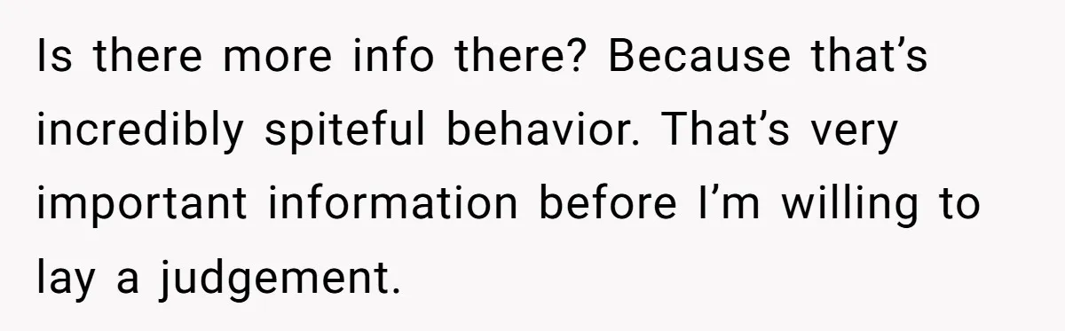 Is there more info there? Because that’s incredibly spiteful behavior. That’s very important information before I’m willing to lay a judgement.