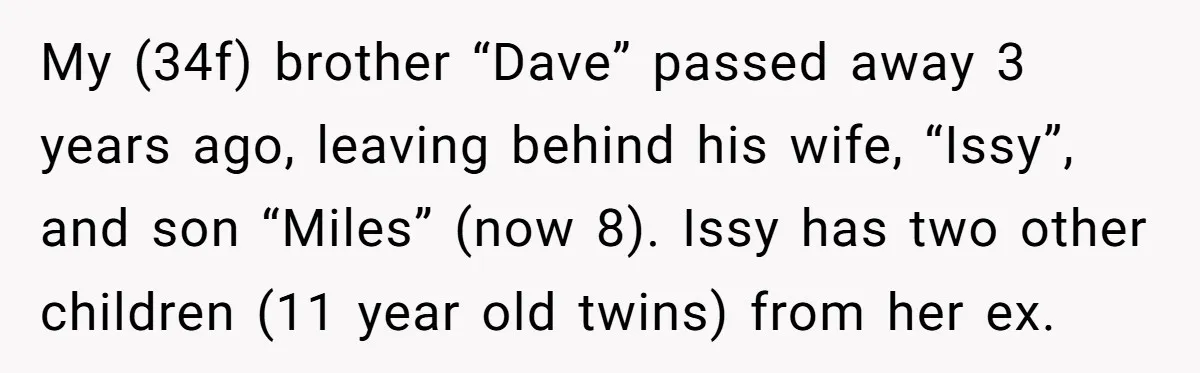 My (34f) brother “Dave” passed away 3 years ago, leaving behind his wife, “Issy”, and son “Miles” (now 8). Issy has two other children (11 year old twins) from her...